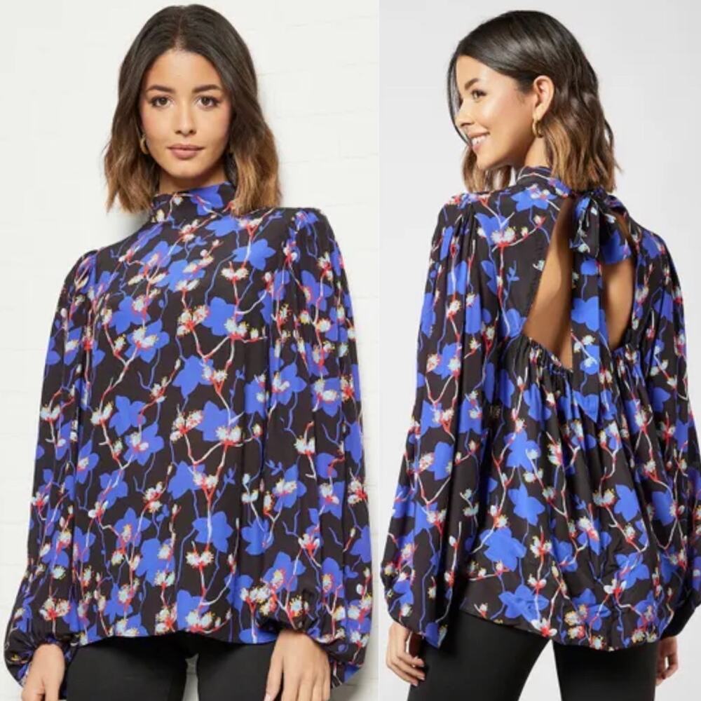 Ted Baker Ooma Tie-Neck Open Back Top in Black Floral, Size 00